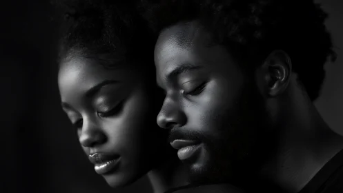 High-contrast monochromatic portrait depicting two subjects in atmospheric profile composition