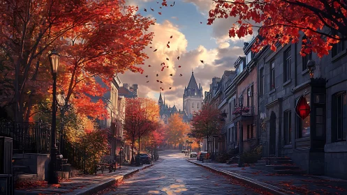 Digital autumn streetscape with converging perspective lines.