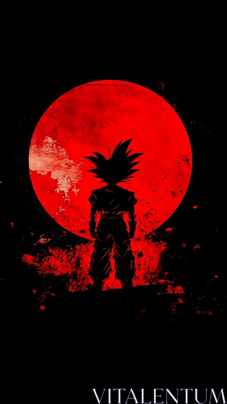 Warrior silhouette against blazing red moon backdrop.