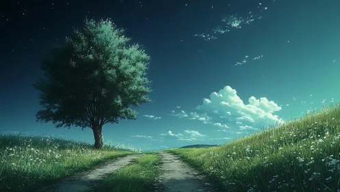 Twilight country lane under lone tree and luminous cloudbank