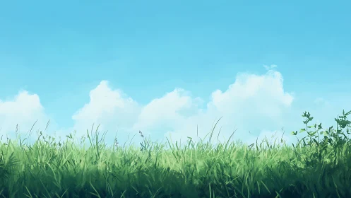 Sunlit meadow horizon beneath calm watercolor sky.