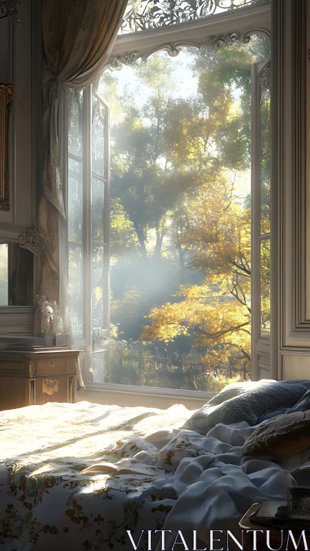Sunlit bedroom with open window onto bright autumn trees.