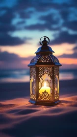 Metal lantern with candle stands on sand at coastal sunset