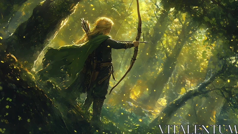 Archer stands in dense forest environment with drawn bow
