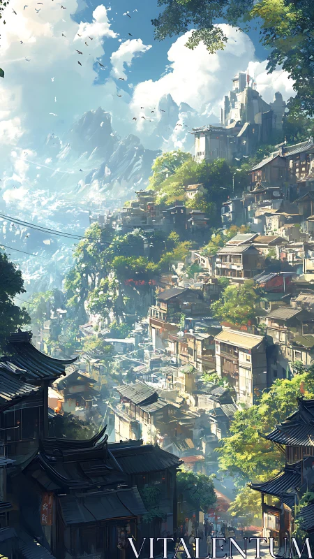 Sunlit mountain city climbs terraces above misty valleys.