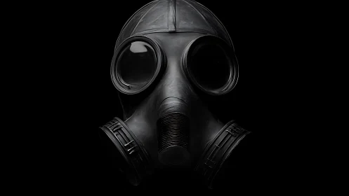 Black gas mask isolated on dark background in frontal view