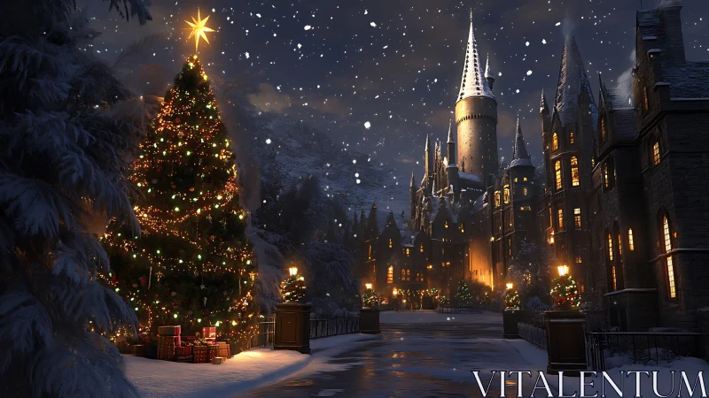 Snowy castle courtyard glows around a grand Christmas tree