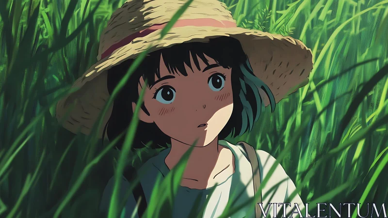 Anime pastoral portrait in sunlit meadow with straw hat focus.