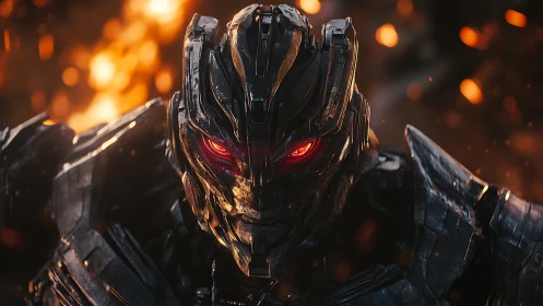 Cinematic close-up of armored combat mech with glowing optics