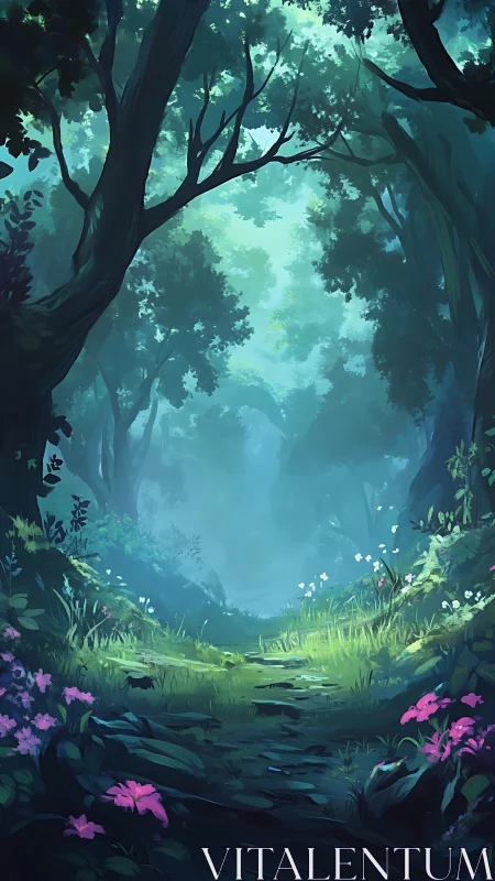 Mystical Forest Glade with Glowing Flowers and Ancient Trees