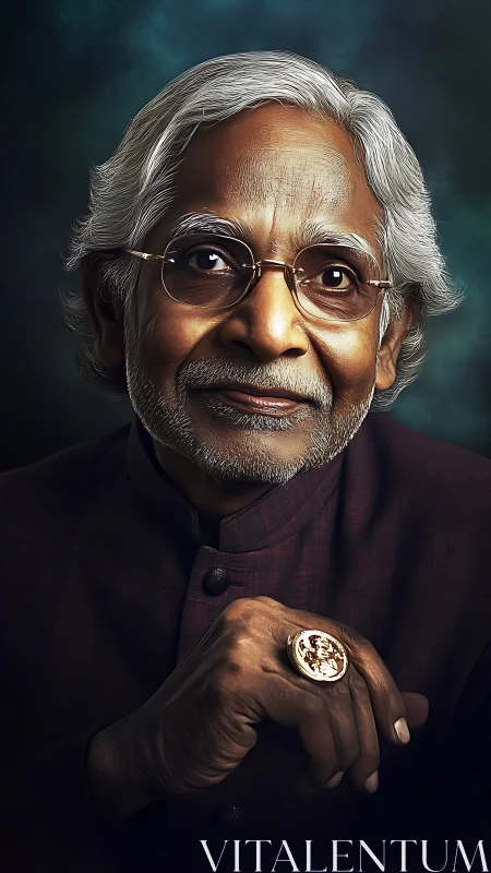 Elderly man with glasses and ring sits against dark backdrop