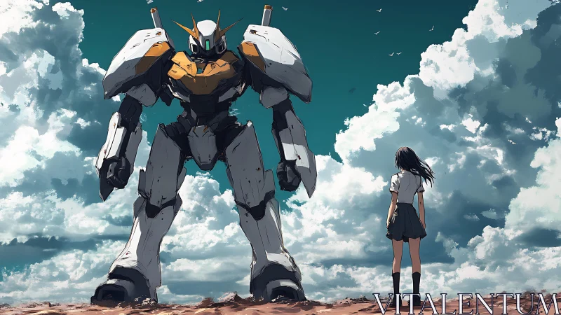 Colossal combat mecha confronting lone schoolgirl under clouds.