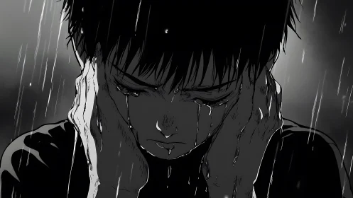 Crying anime boy holds his face in heavy monochrome rain