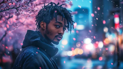 Soft city lights welcome a quiet stroll under pink blossoms