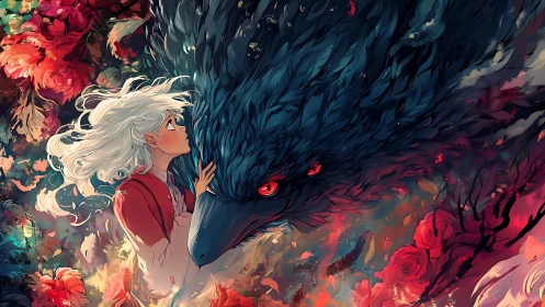 Girl with white hair meets colossal raven in fiery bloom.