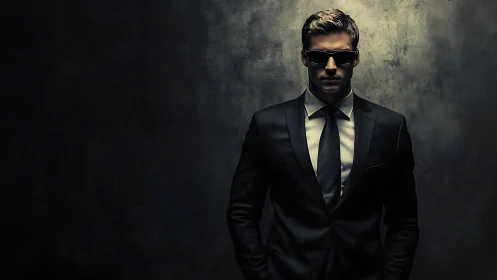 Sharp-suited man in sunglasses stands in moody low light
