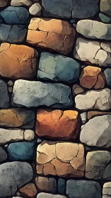 Stylized cobblestone wall renders textured chromatic masonry