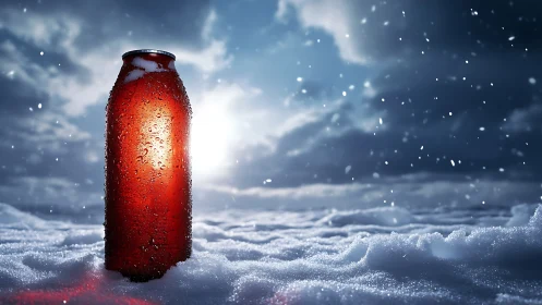 Iced beverage can with condensation in high-contrast snowfall.