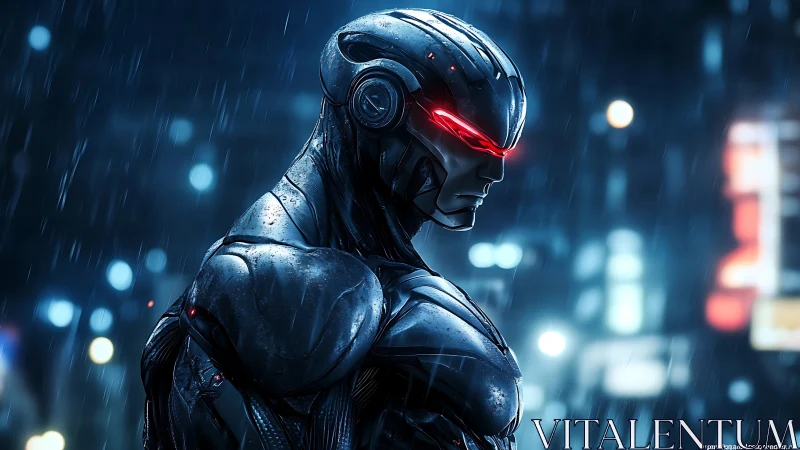 Steely cybernetic warrior scans a neon city in cold rain