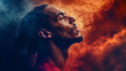 Portrait in profile captures man exhaling vapor in fiery light