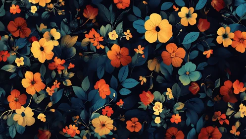Dark Floral Composition: Orange, Yellow, Red Blooms Against Navy Background