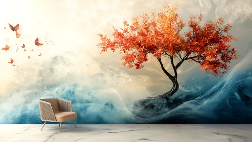 Autumn maple on abstract mist horizon in modern interior wall art.
