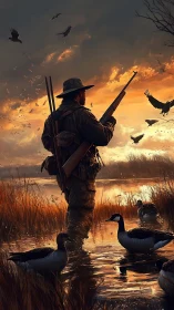 Golden marsh evening with waterfowl and quiet hunter.