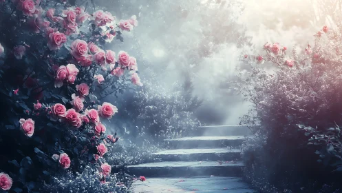 Pink roses frame an ethereal garden pathway bathed in mystical light and mist.