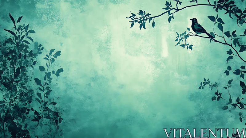 Solitary songbird on teal branches in misty negative space.