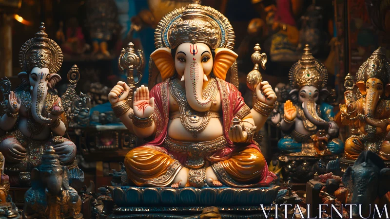 Colorful Ganesha idol centerpiece in crowded statue display.