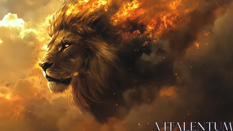 Lion head emerging from fiery clouds in dramatic profile view.
