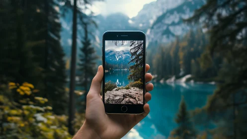 Hand holding smartphone framing blue mountain lake view.