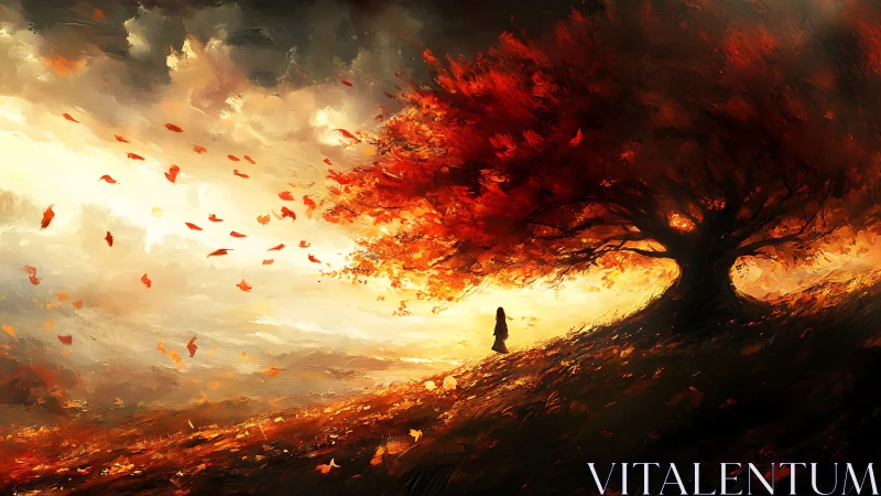 Solitary figure walks beneath a blazing autumn tree at dusk.