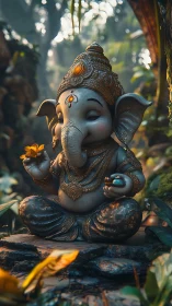 Tiny forest ganesha breathes gold into quiet morning light