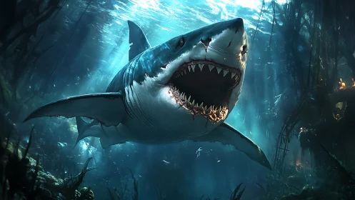 Predatory great white shark lunges through abyssal kelp forest