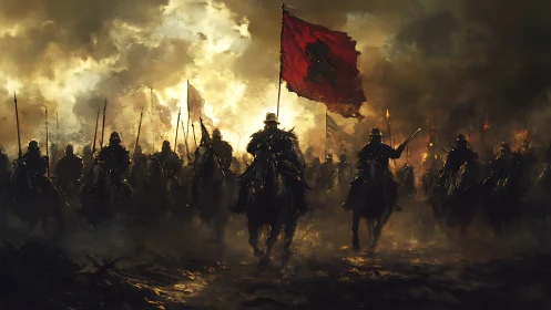 Warhorse vanguard charge under crimson standard at dusk.