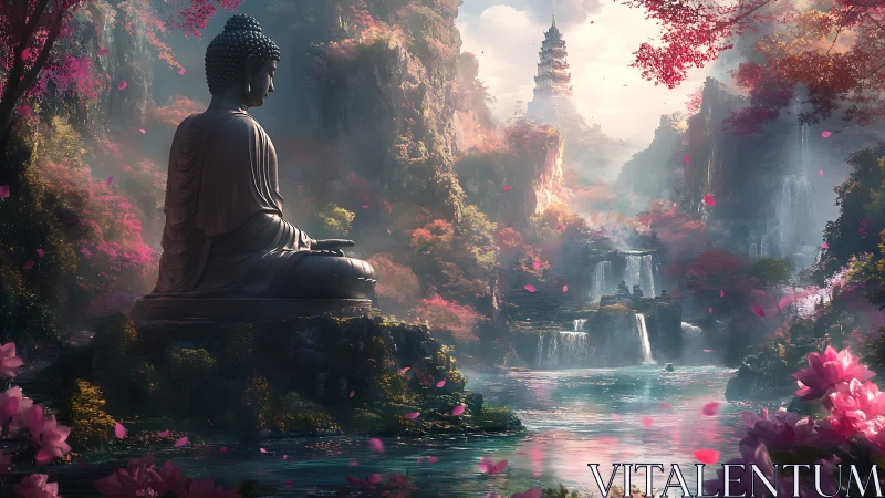 Buddha valley sanctuary with cascading waterfalls and pagoda