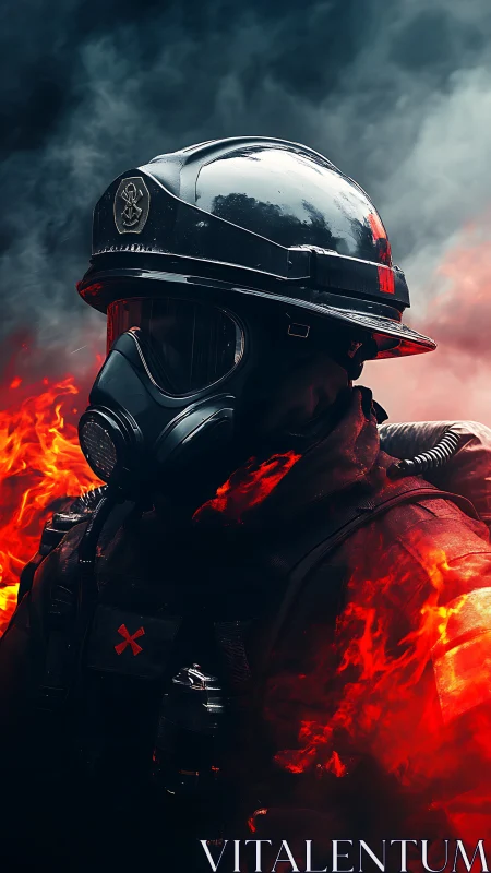 Firefighter in Full Gear Facing Intense Flames