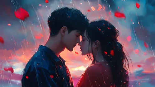 Two figures in rain with floating red petals and warm lighting.