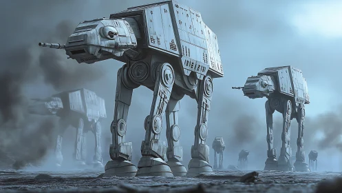 Armored quadruped walkers advance through icy war fog.