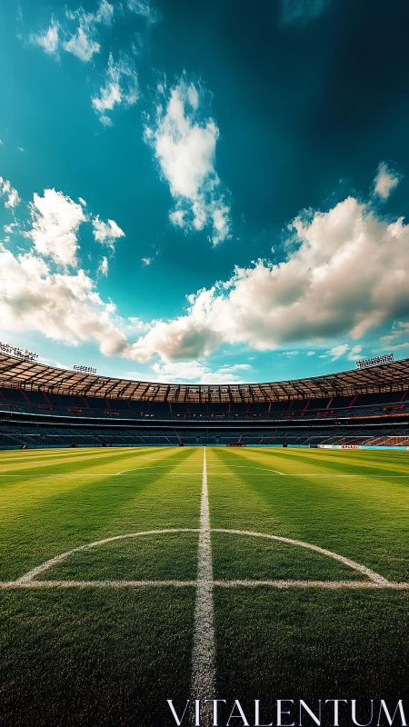 Expansive football stadium field under dramatic teal skies.