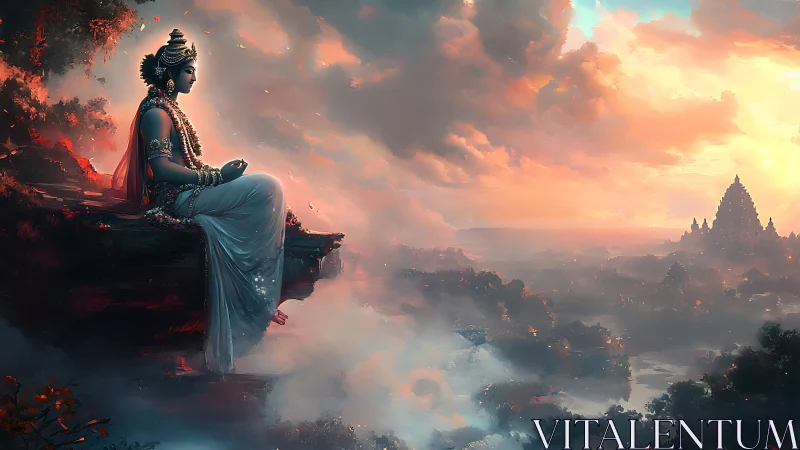 Seated robed figure above misty valley and distant temple.