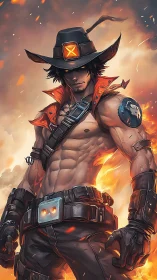 Flameborn gunslinger with cyber belt in blazing embers.