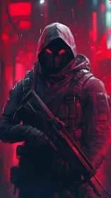 Hooded armed figure stands in neon-lit red urban corridor