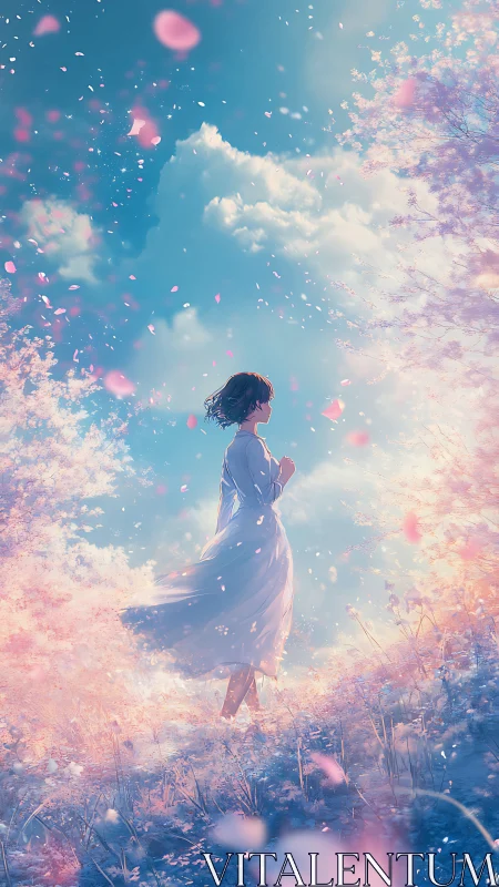 Ethereal anime meadow with drifting petals and skyward depth.