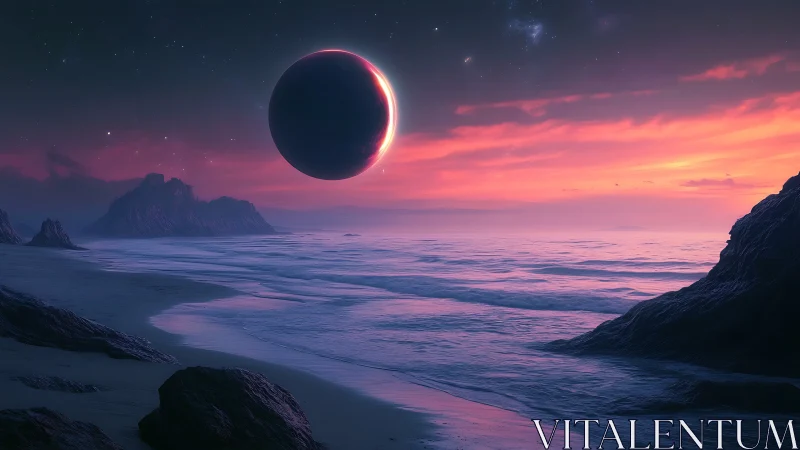 Coastal landscape shows eclipsed celestial body at dusk