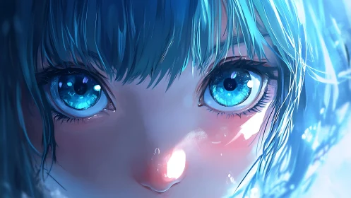 Close-up blue-eyed anime face in cool luminous lighting.