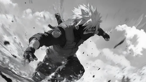 Wind-slicing shinobi surges forward through grayscale storm