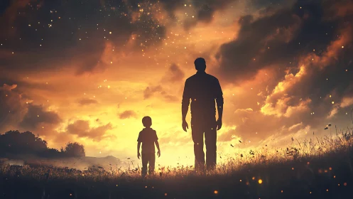 Silhouetted father and child quietly stroll through a burning sky