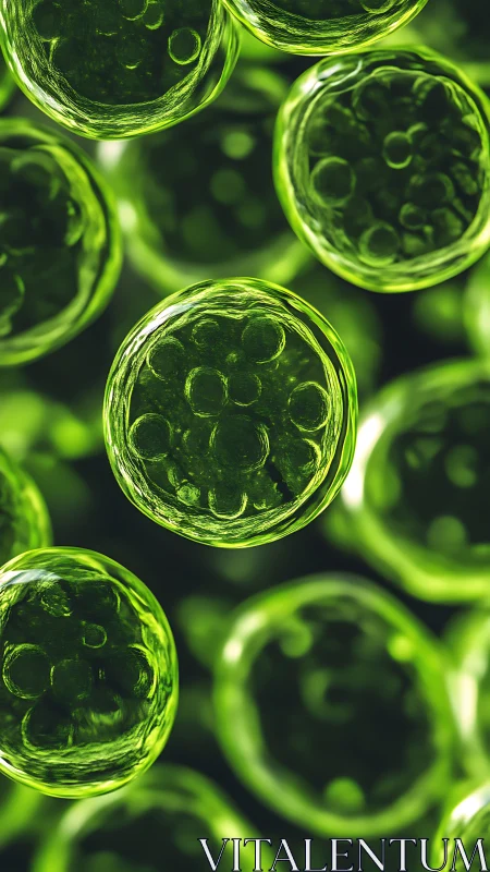 Green microscopic cellular spheres with internal structures.